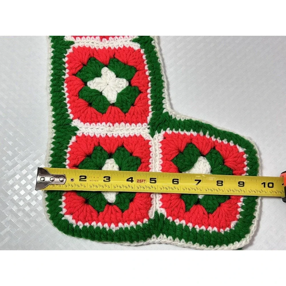 Granny Square Crochet‎ Christmas Stocking Red Green 18” Vtg Hand Made Crafted